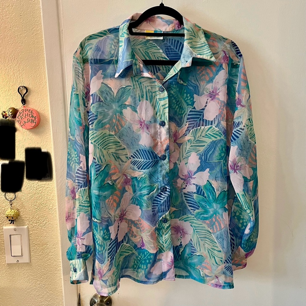 Vintage Sea Suns USA Shirt Top Floral Sheer Tropical 90s Nostalgia Button Front